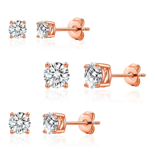 Three Pack of Rose Gold Plated 4mm, 5mm & 6mm Earrings Created with Zircondia® Crystals - Philip Jones Jewellery