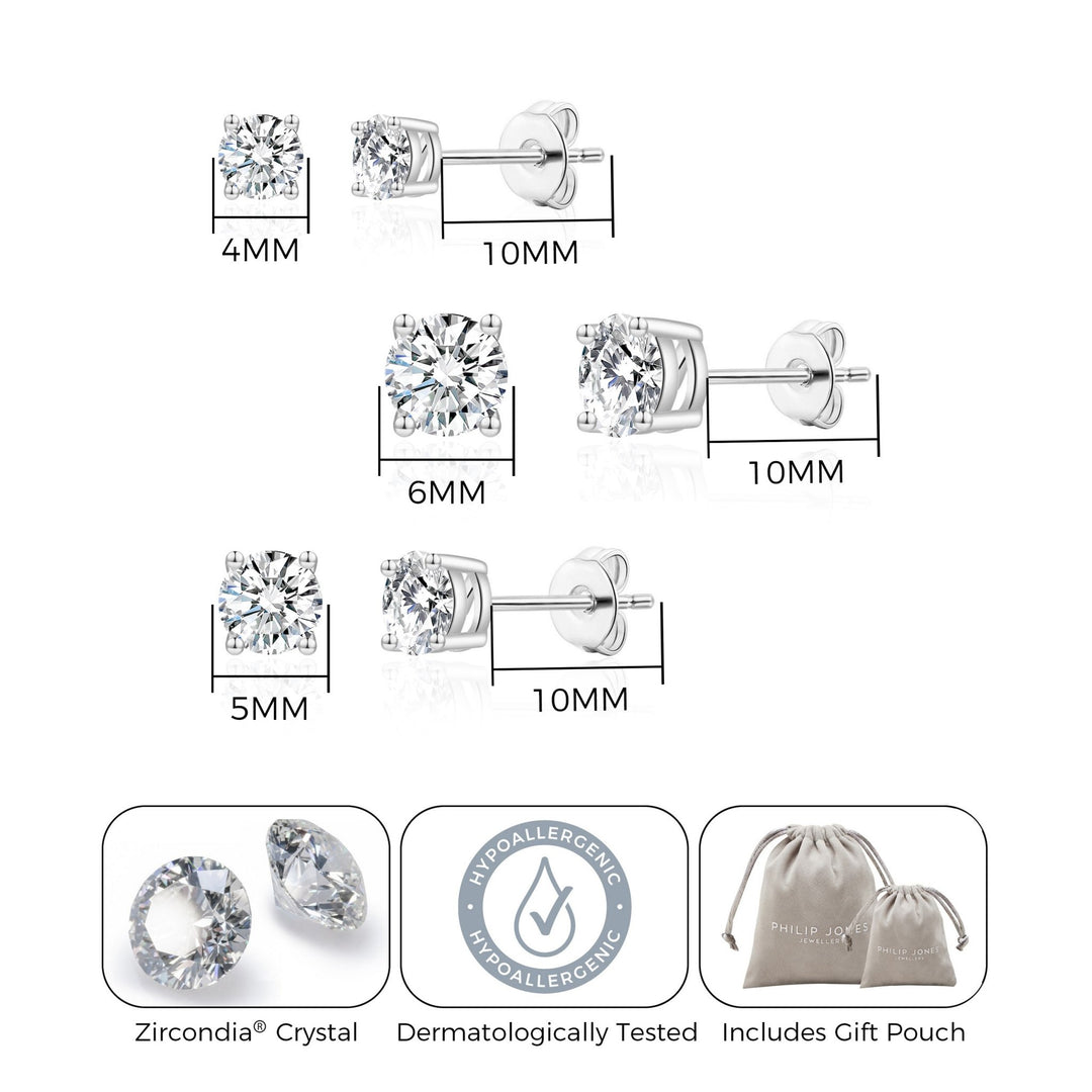 Three Pack of Silver Plated 4mm, 5mm & 6mm Earrings Created with Zircondia® Crystals - Philip Jones Jewellery