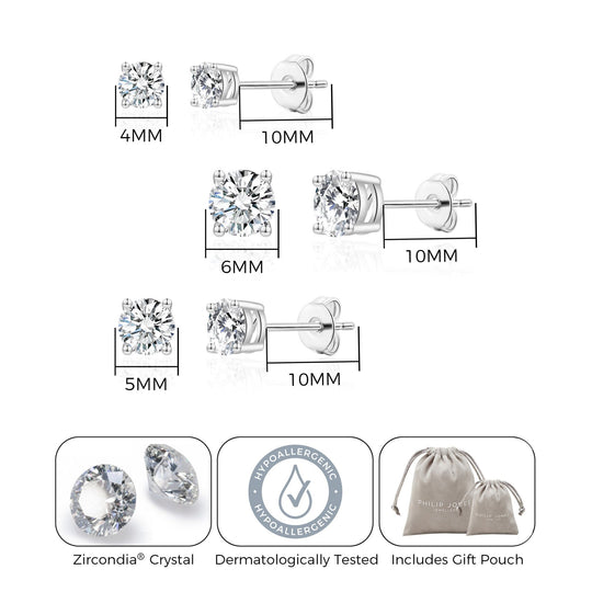 Three Pack of Silver Plated 4mm, 5mm & 6mm Earrings Created with Zircondia® Crystals - Philip Jones Jewellery