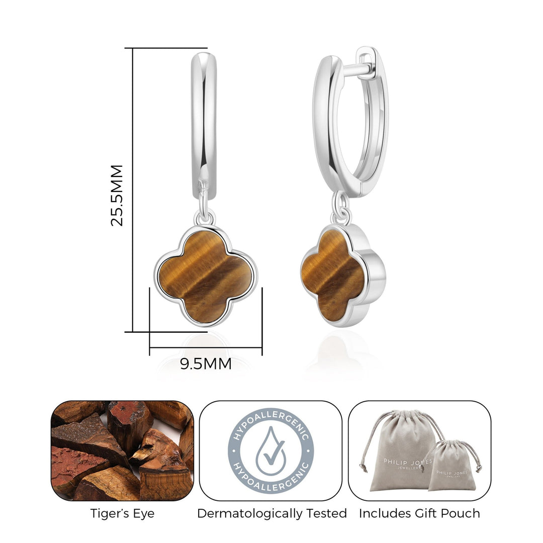 Tigers Eye Gemstone Clover Charm Hoop Earrings - Philip Jones Jewellery