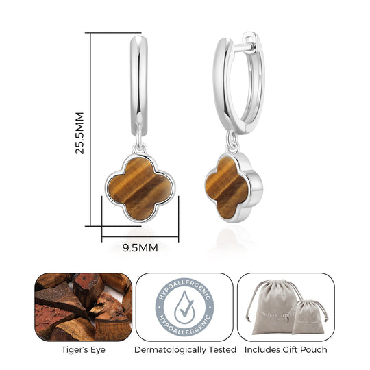 Tigers Eye Gemstone Clover Charm Hoop Earrings - Philip Jones Jewellery