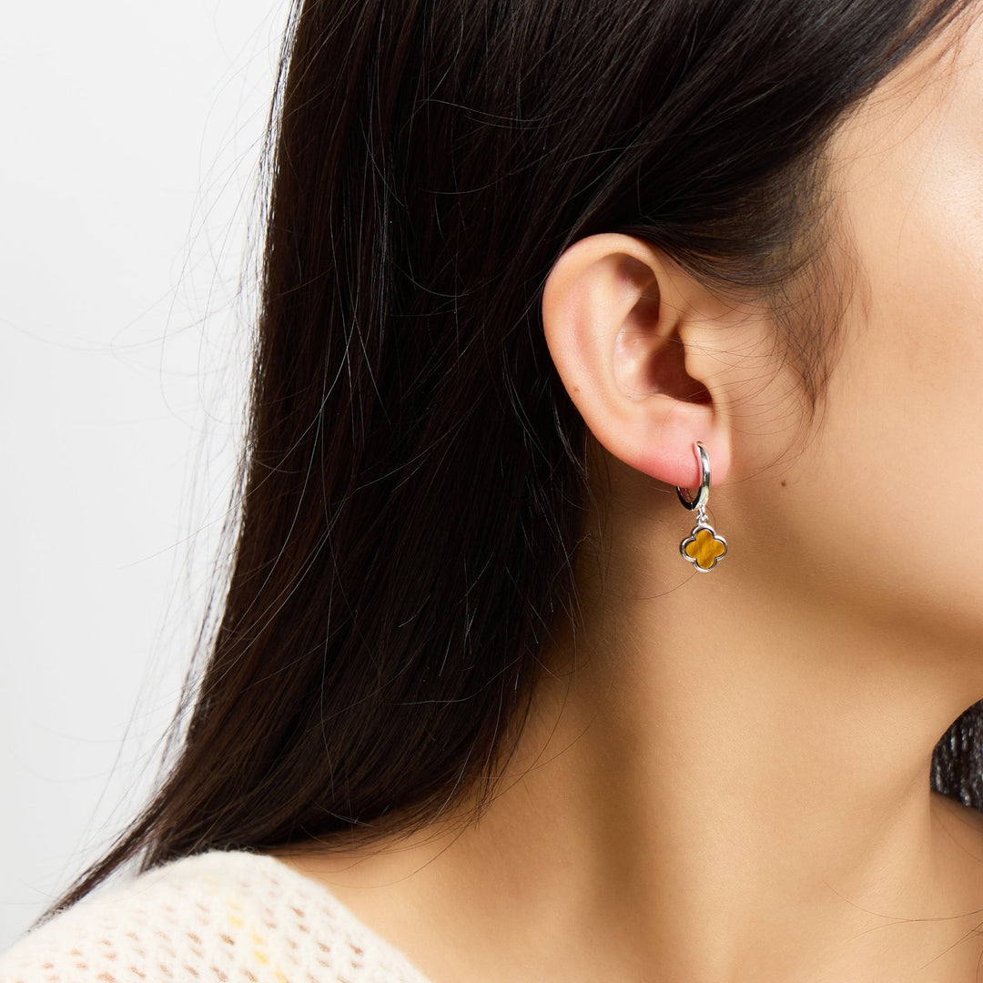 Tigers Eye Gemstone Clover Charm Hoop Earrings - Philip Jones Jewellery