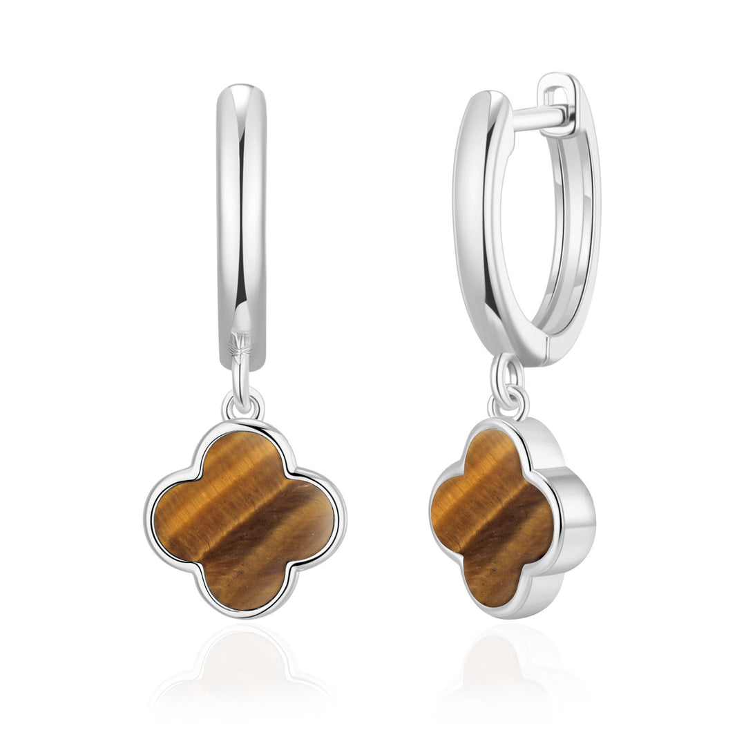 Tigers Eye Gemstone Clover Charm Hoop Earrings - Philip Jones Jewellery