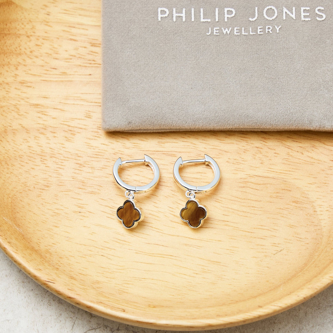 Tigers Eye Gemstone Clover Charm Hoop Earrings - Philip Jones Jewellery