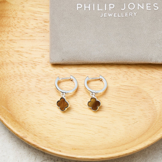 Tigers Eye Gemstone Clover Charm Hoop Earrings - Philip Jones Jewellery
