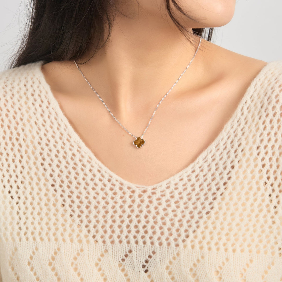 Tigers Eye Gemstone Clover Necklace - Philip Jones Jewellery