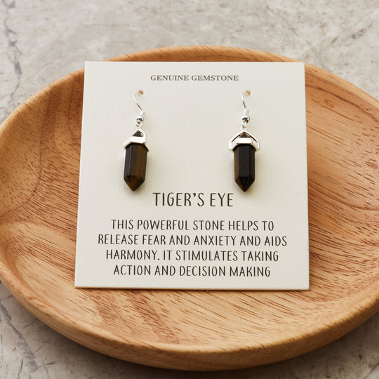 Tiger's Eye Gemstone Drop Earrings with Quote Card - Philip Jones Jewellery