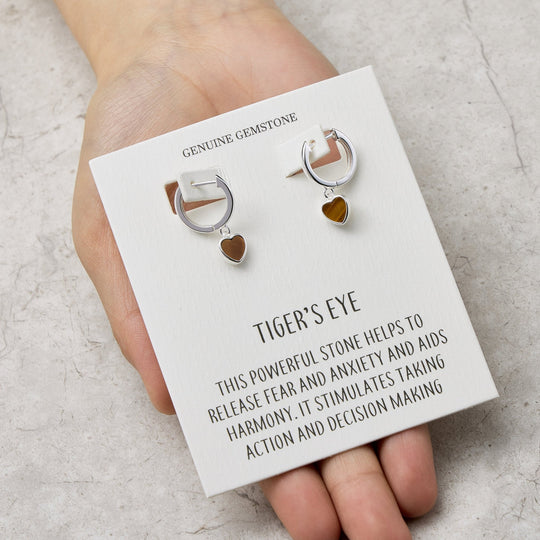 Tigers Eye Gemstone Heart Charm Hoop Earrings with Quote Card - Philip Jones Jewellery