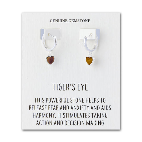 Tigers Eye Gemstone Heart Charm Hoop Earrings with Quote Card - Philip Jones Jewellery