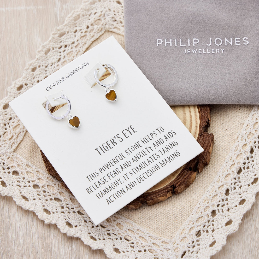 Tigers Eye Gemstone Heart Charm Hoop Earrings with Quote Card - Philip Jones Jewellery