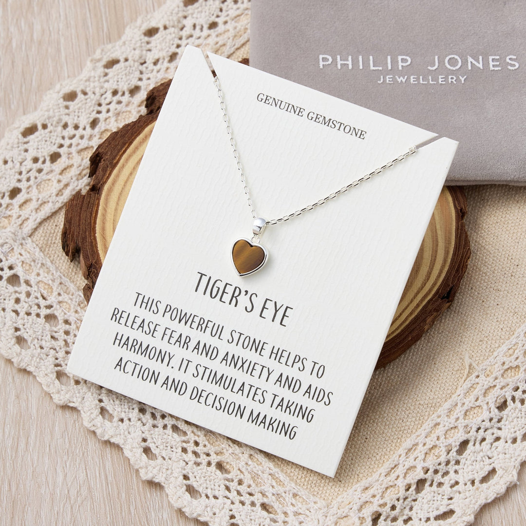 Tigers Eye Gemstone Heart Necklace with Quote Card - Philip Jones Jewellery