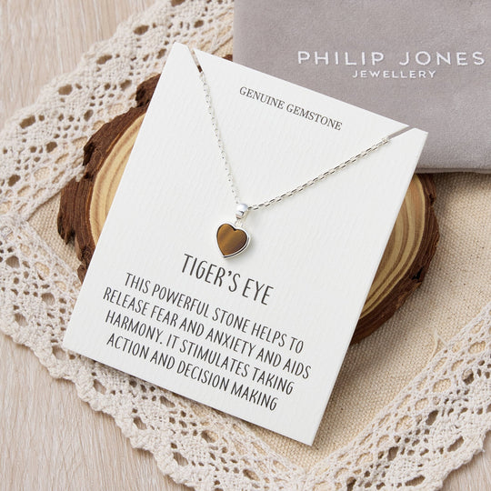 Tigers Eye Gemstone Heart Necklace with Quote Card - Philip Jones Jewellery