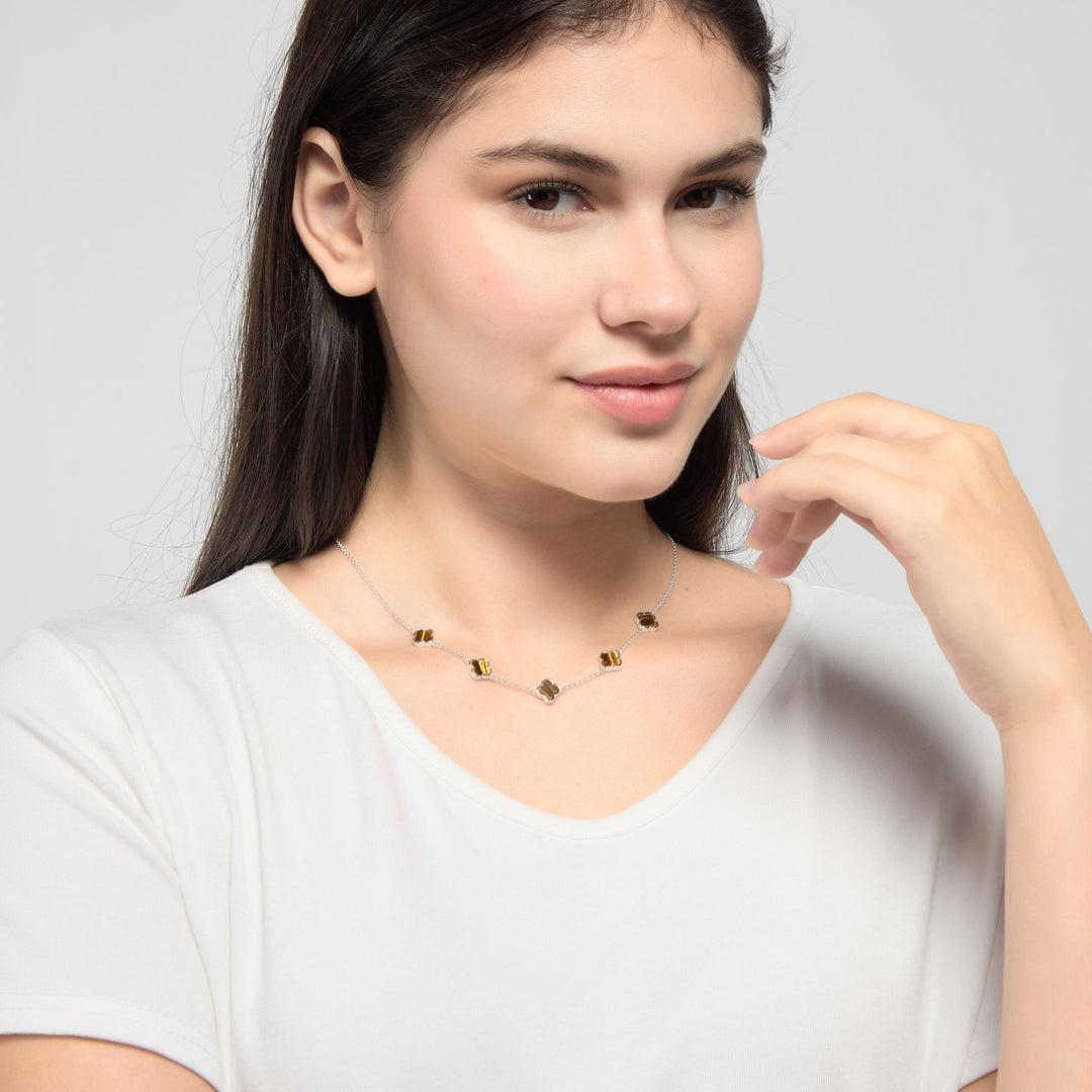 Tigers Eye Gemstone Multi Clover Necklace