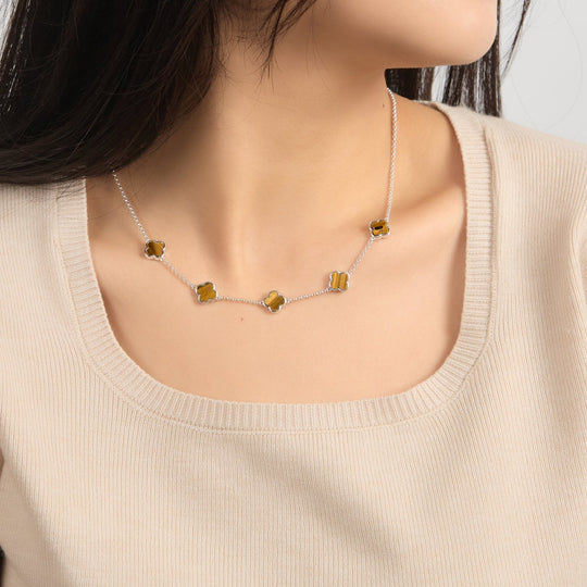Tigers Eye Gemstone Multi Clover Necklace - Philip Jones Jewellery