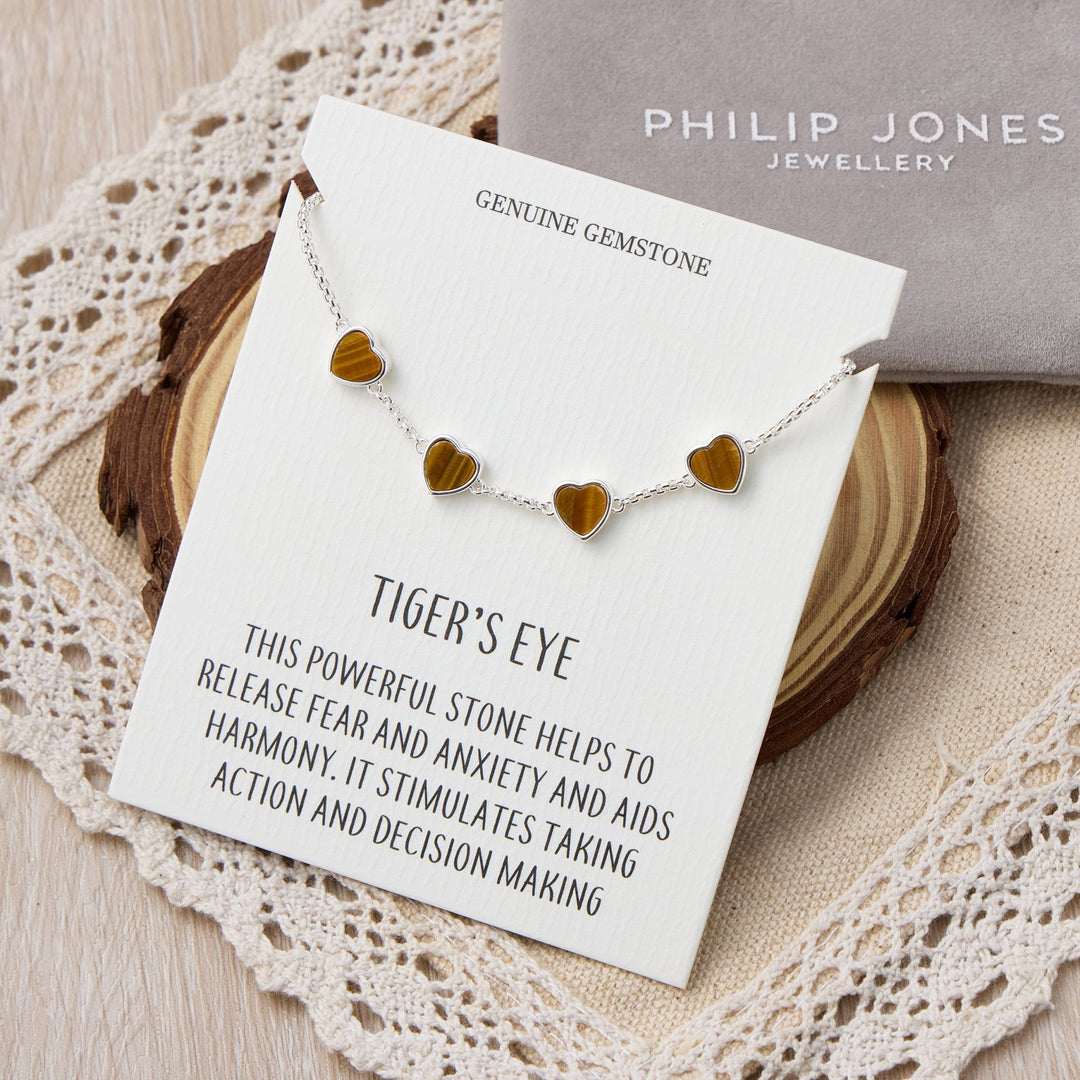 Tigers Eye Gemstone Multi Heart Friendship Bracelet with Quote Card - Philip Jones Jewellery