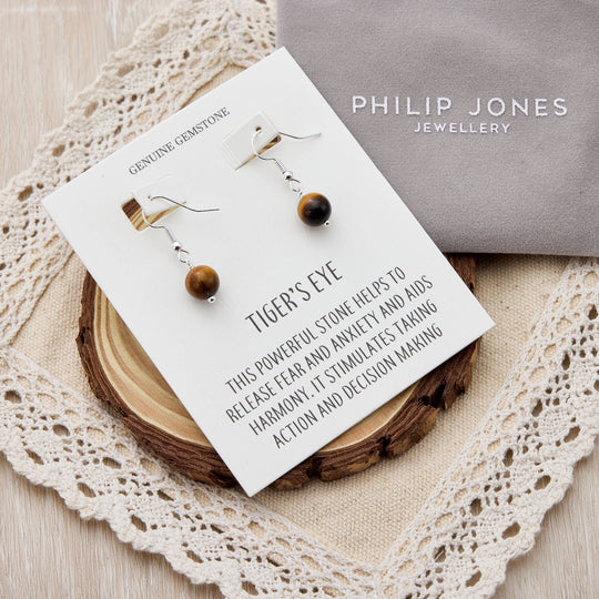 Tigers Eye Gemstone Round Drop Earrings with Quote Card - Philip Jones Jewellery