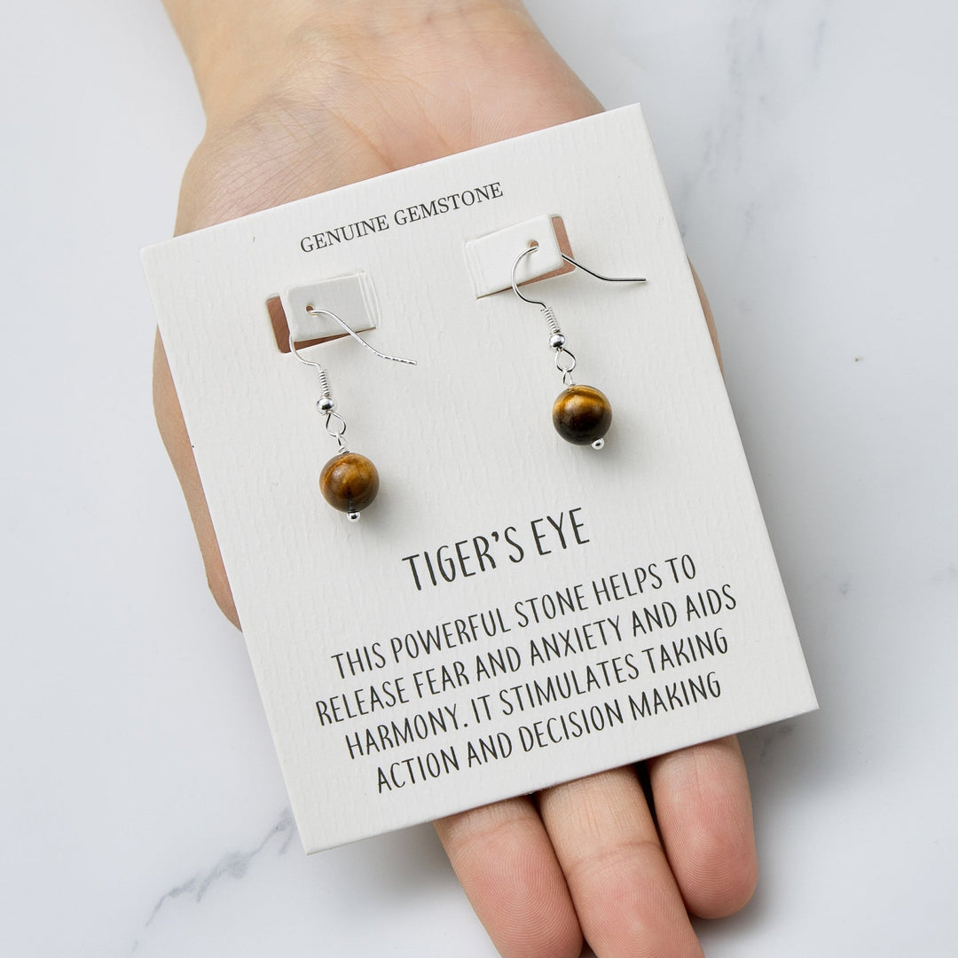 Tigers Eye Gemstone Round Drop Earrings with Quote Card - Philip Jones Jewellery