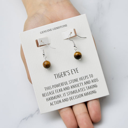 Tigers Eye Gemstone Round Drop Earrings with Quote Card - Philip Jones Jewellery