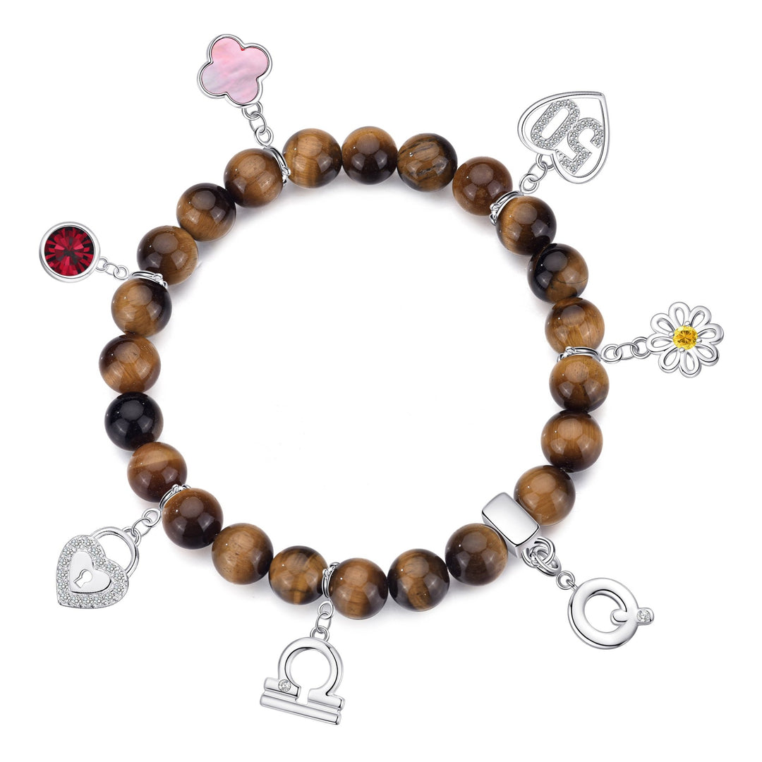 Tiger's Eye Gemstone Stretch Bracelet with Choice of Charms - Philip Jones Jewellery