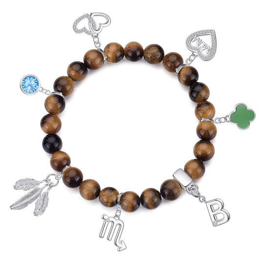 Tiger's Eye Gemstone Stretch Bracelet with Choice of Charms - Philip Jones Jewellery