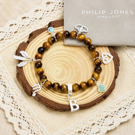 Tiger's Eye Gemstone Stretch Bracelet with Option of Charms - Philip Jones Jewellery