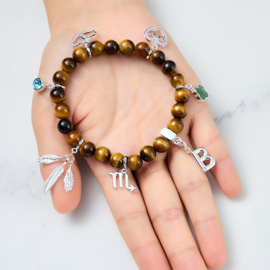 Tiger's Eye Gemstone Stretch Bracelet with Option of Charms - Philip Jones Jewellery