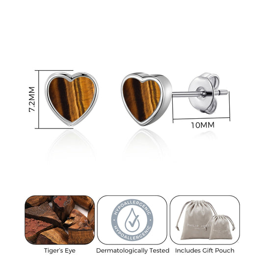 Tiger's Eye Heart Stud Earrings with Quote Card - Philip Jones Jewellery
