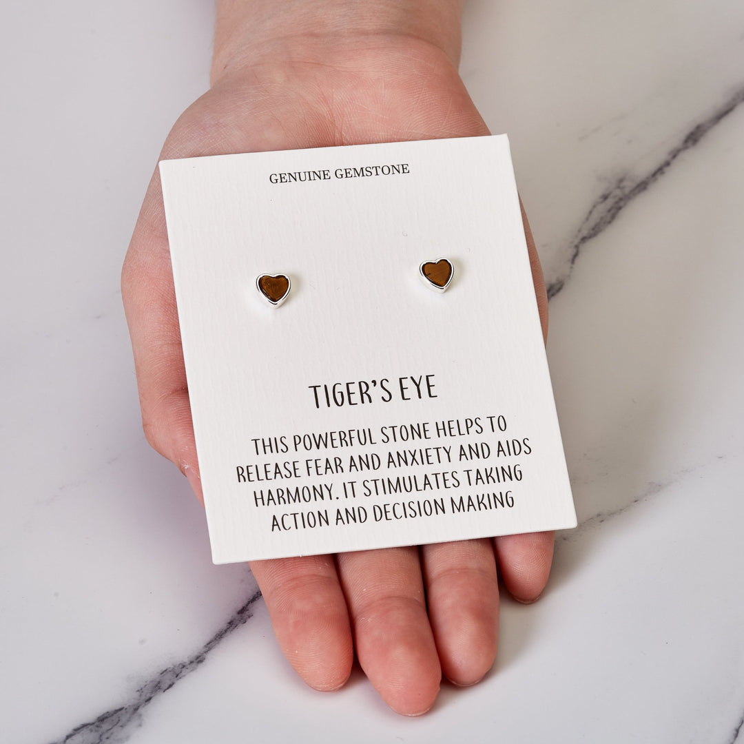 Tiger's Eye Heart Stud Earrings with Quote Card - Philip Jones Jewellery