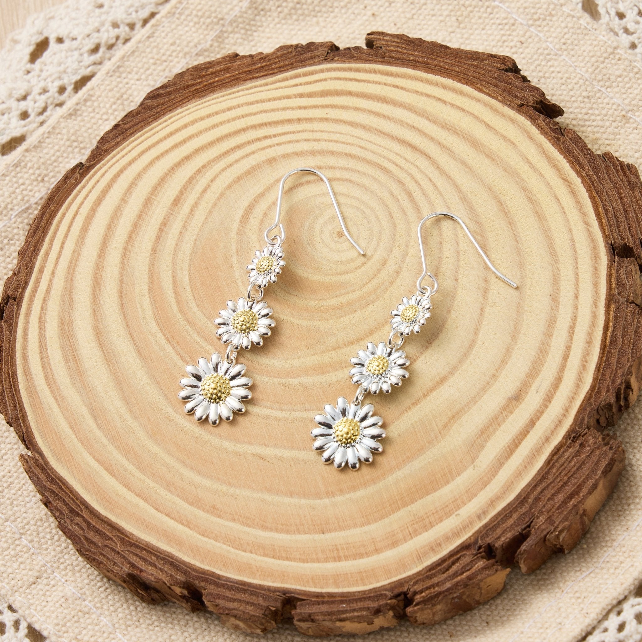 Triple Daisy Drop Earrings - Philip Jones Jewellery