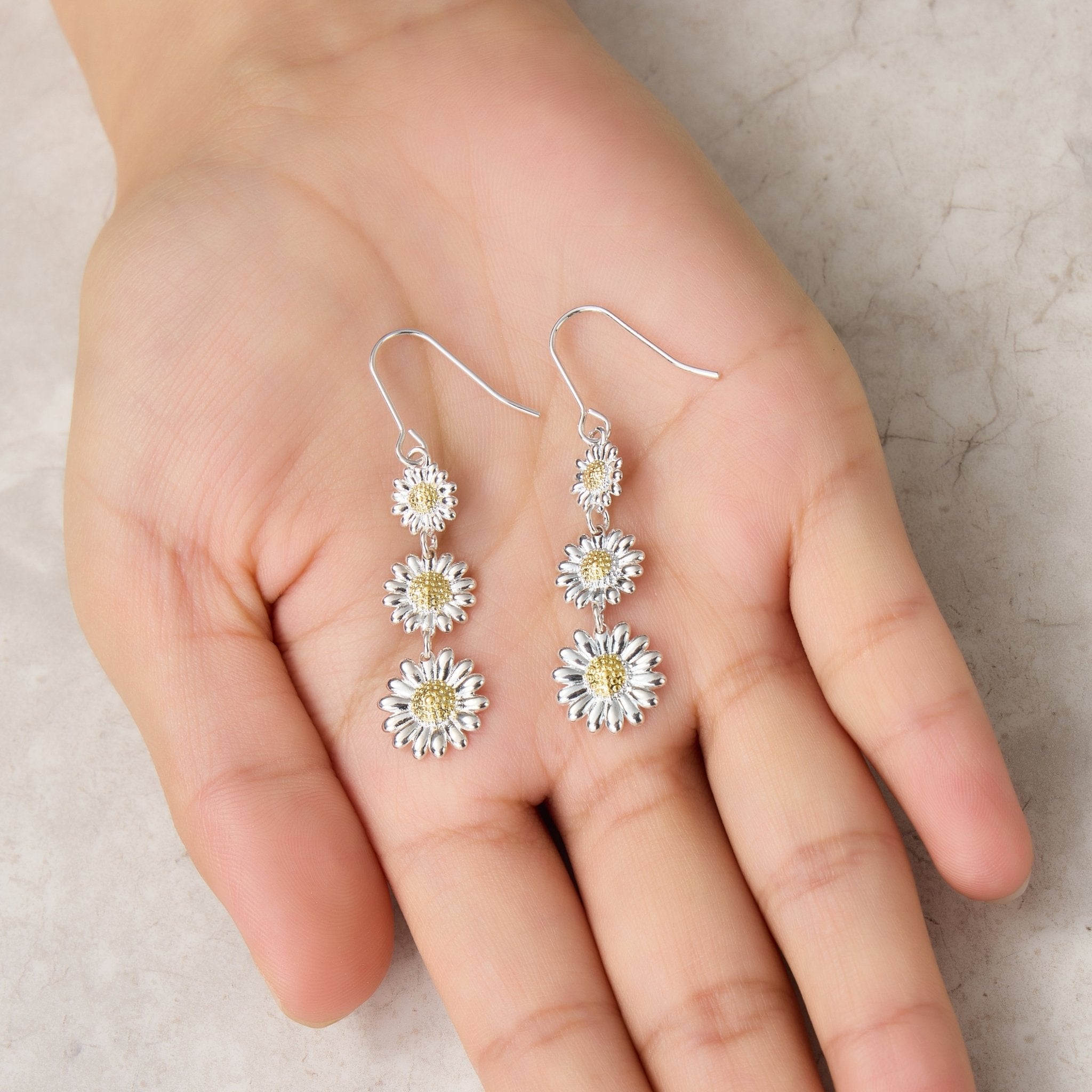 Triple Daisy Drop Earrings - Philip Jones Jewellery