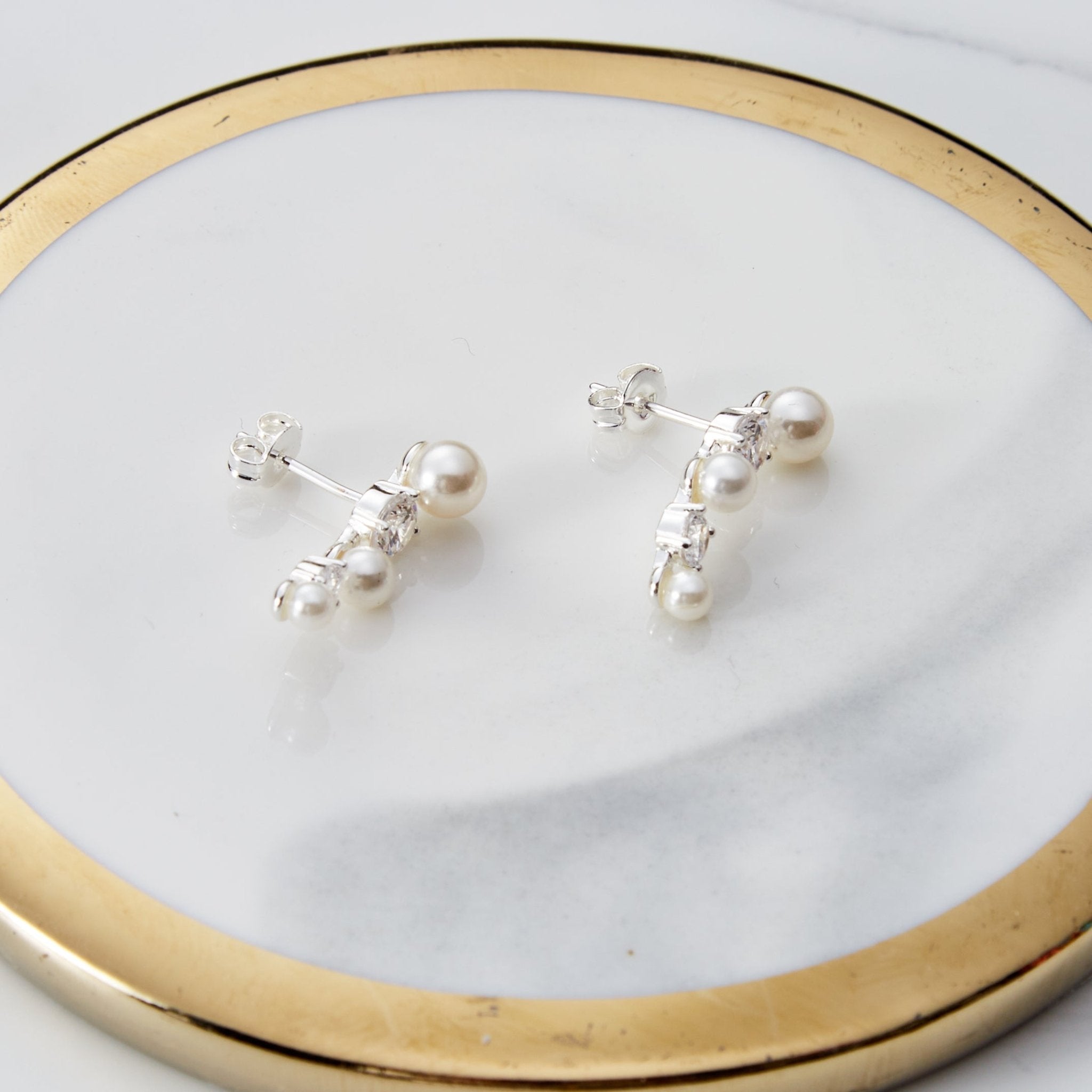 White Pearl Climber Earrings Created with Zircondia® Crystals - Philip Jones Jewellery