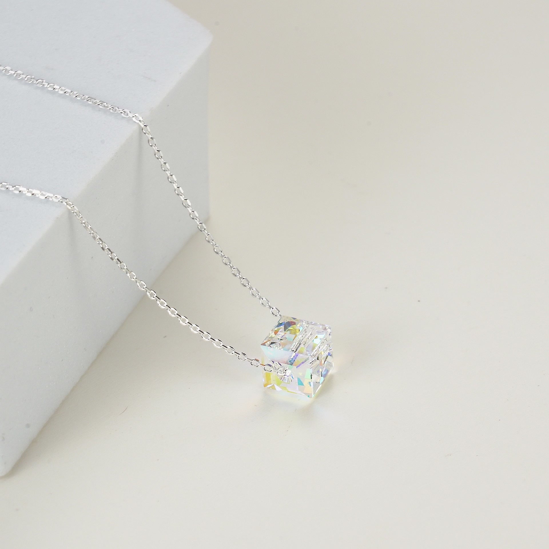 Sterling Silver Aurora Borealis Cube Necklace Created with Zircondia® Crystals Video
