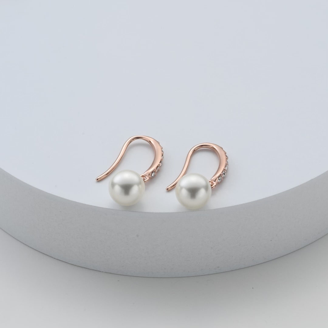 Rose Gold Plated Pearl Drop Earrings Created with Zircondia® Crystals Video