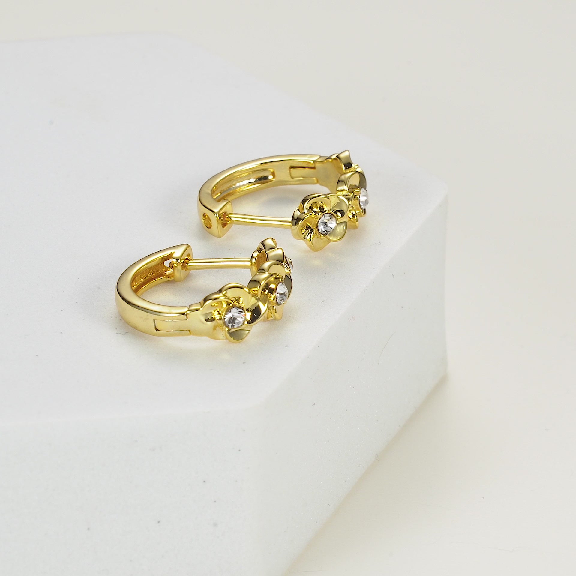 Gold Plated Flower Hoop Earrings Created with Zircondia® Crystals Video