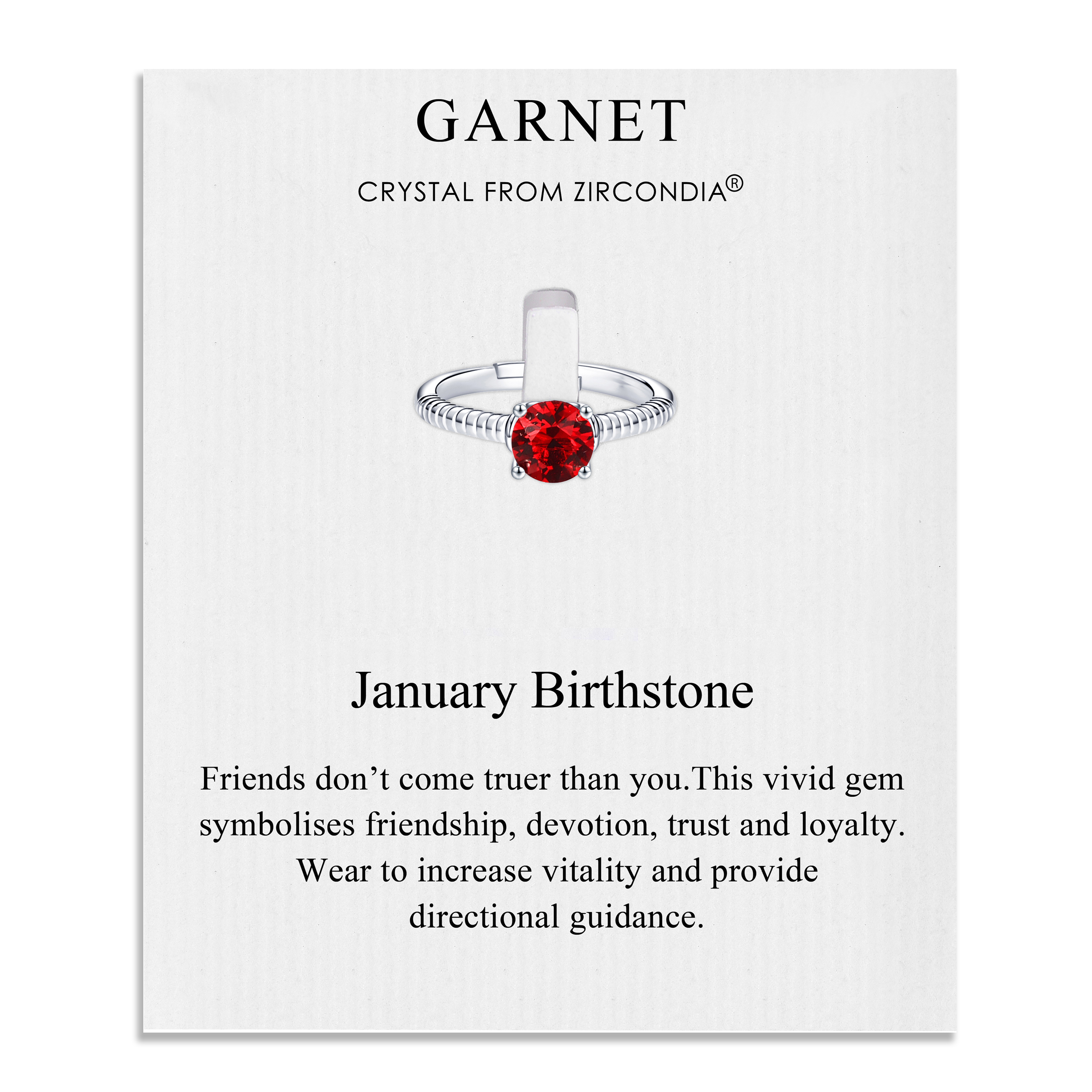 January (Garnet) Adjustable Birthstone Ring Created with Zircondia® Crystals by Philip Jones Jewellery