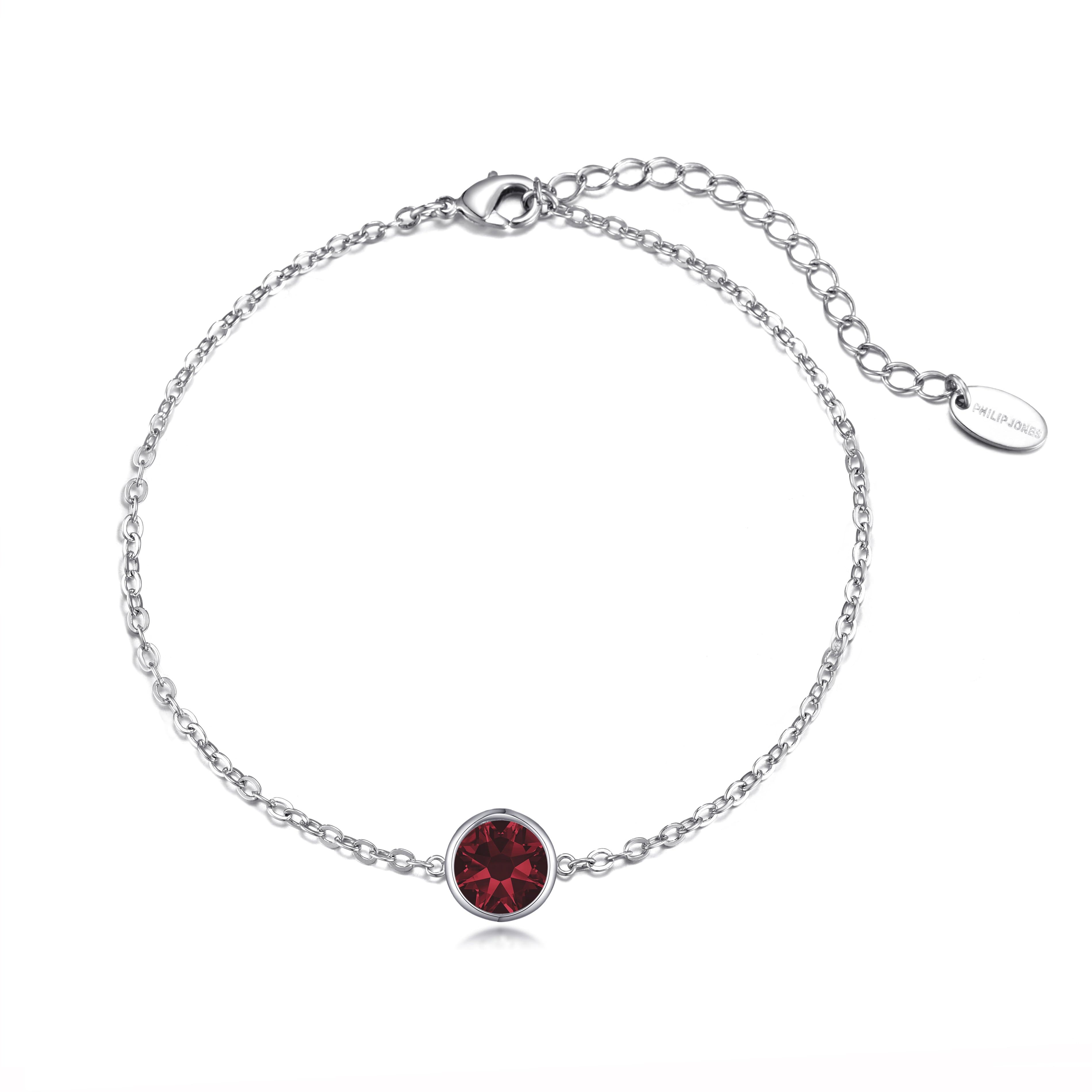Dark Red Crystal Anklet Created with Zircondia® Crystals by Philip Jones Jewellery