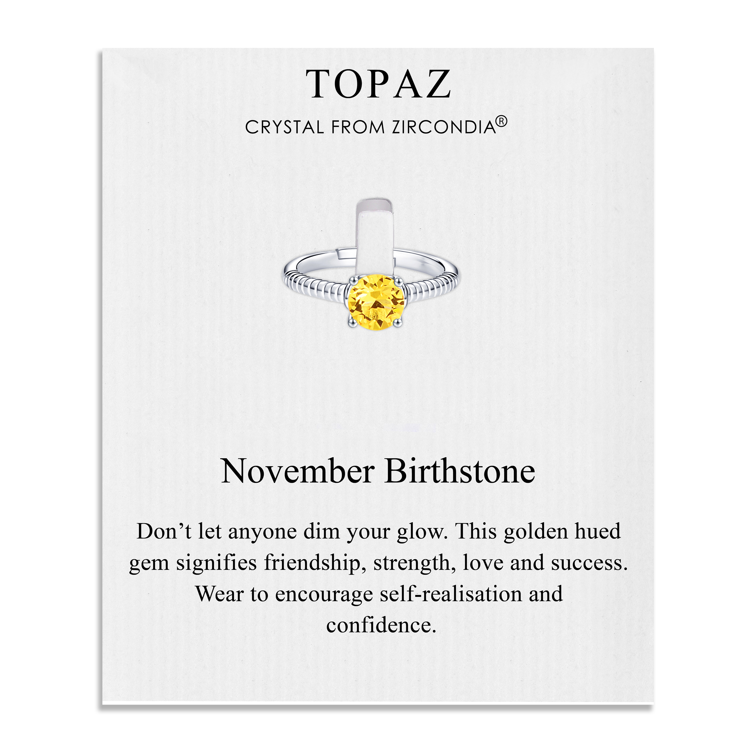 November (Topaz) Adjustable Birthstone Ring Created with Zircondia® Crystals by Philip Jones Jewellery