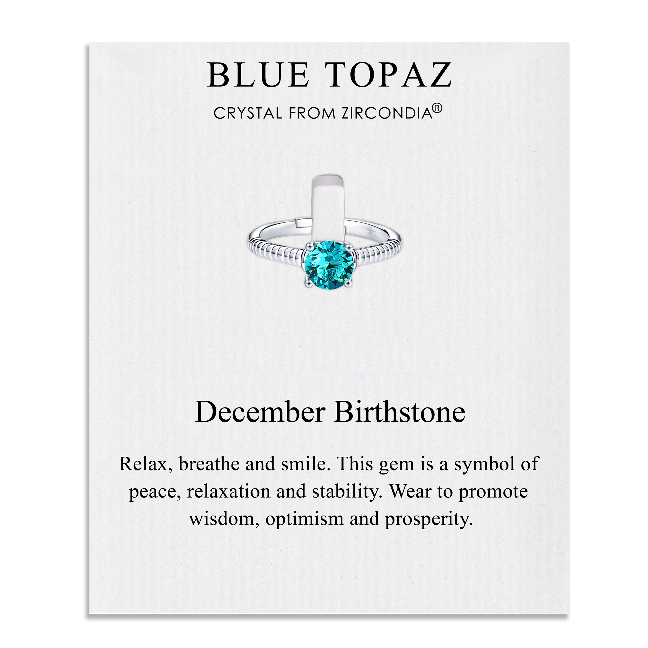 December (Blue Topaz) Adjustable Birthstone Ring Created with Zircondia® Crystals by Philip Jones Jewellery