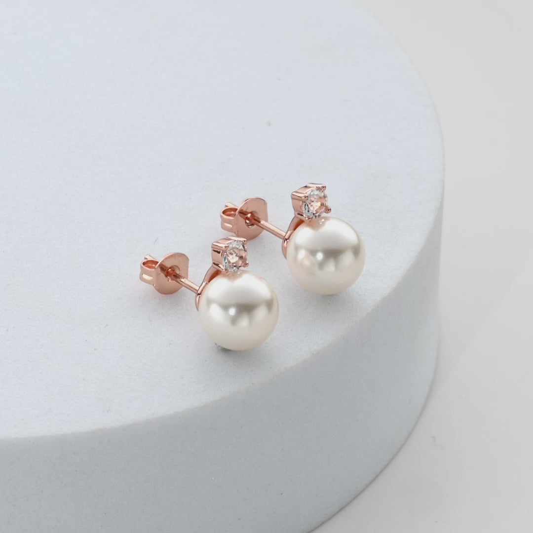Rose Gold Plated Round Shell Pearl Earrings Created with Zircondia® Crystals Video
