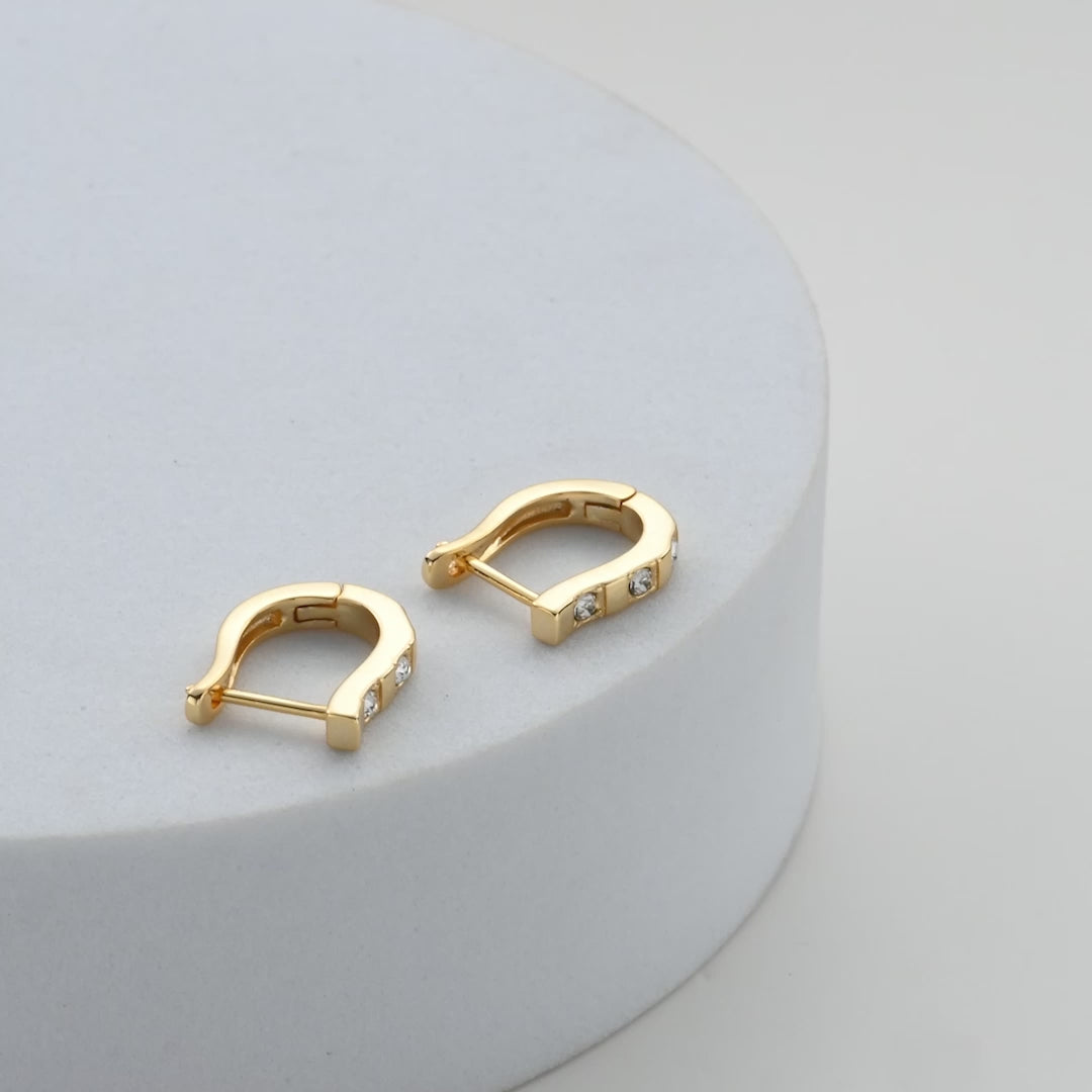 Gold Plated Three Stone Hoop Earrings Created with Zircondia® Crystals Video