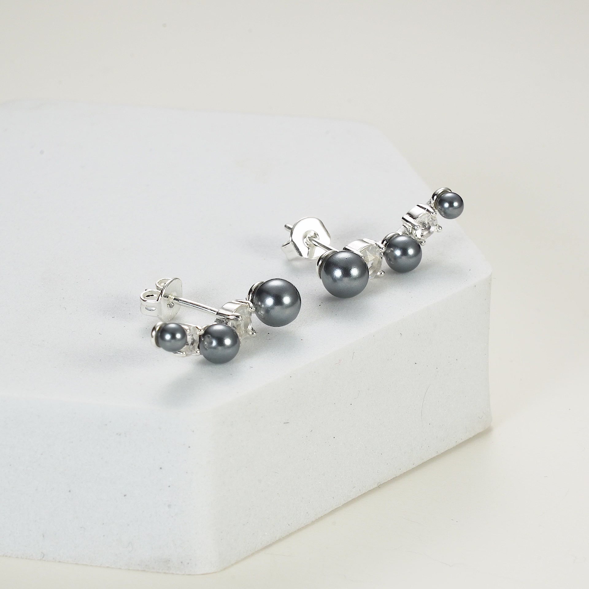 Grey Pearl Climber Earrings Created with Zircondia® Crystals Video