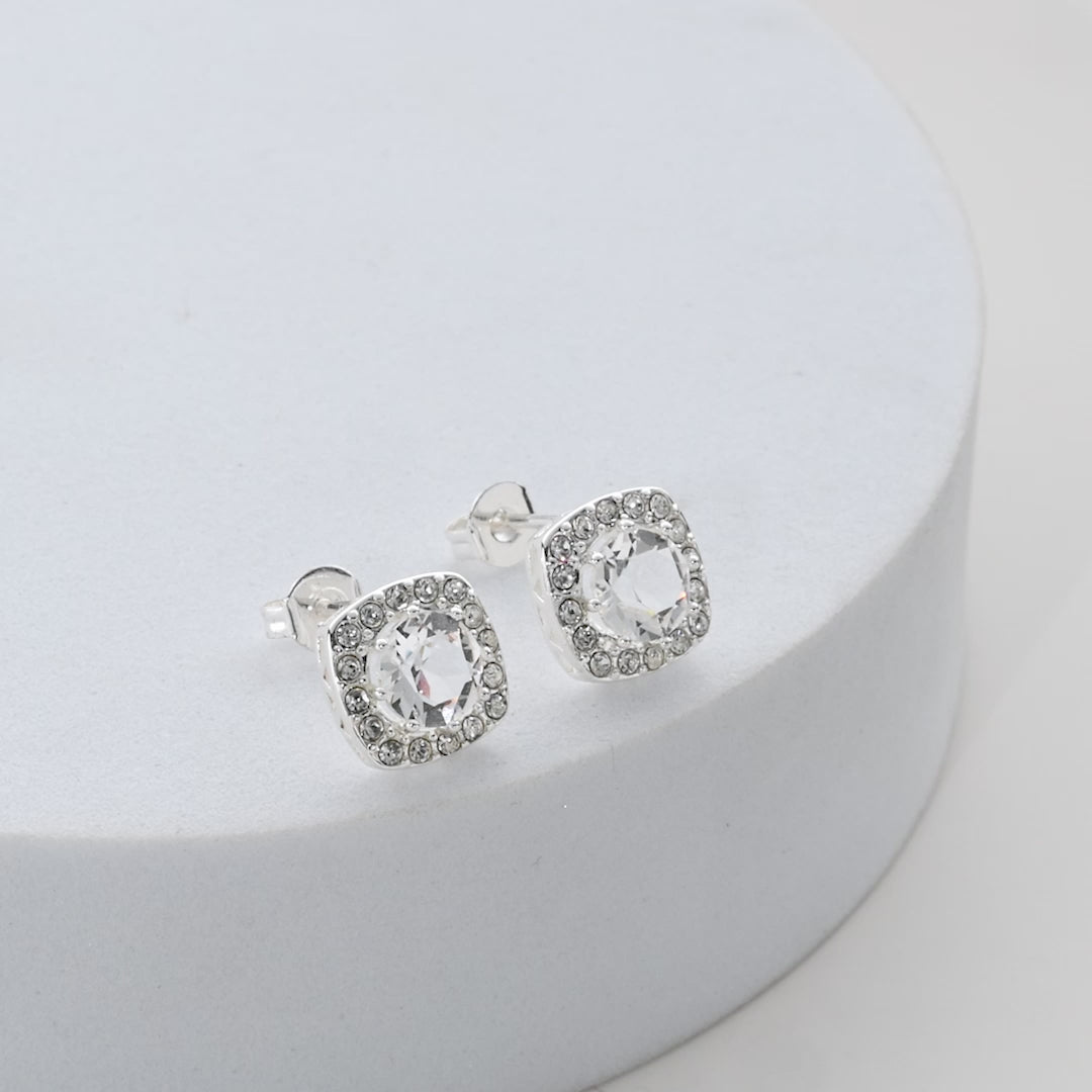 Silver Plated Square Halo Earrings Created with Zircondia® Crystals Video