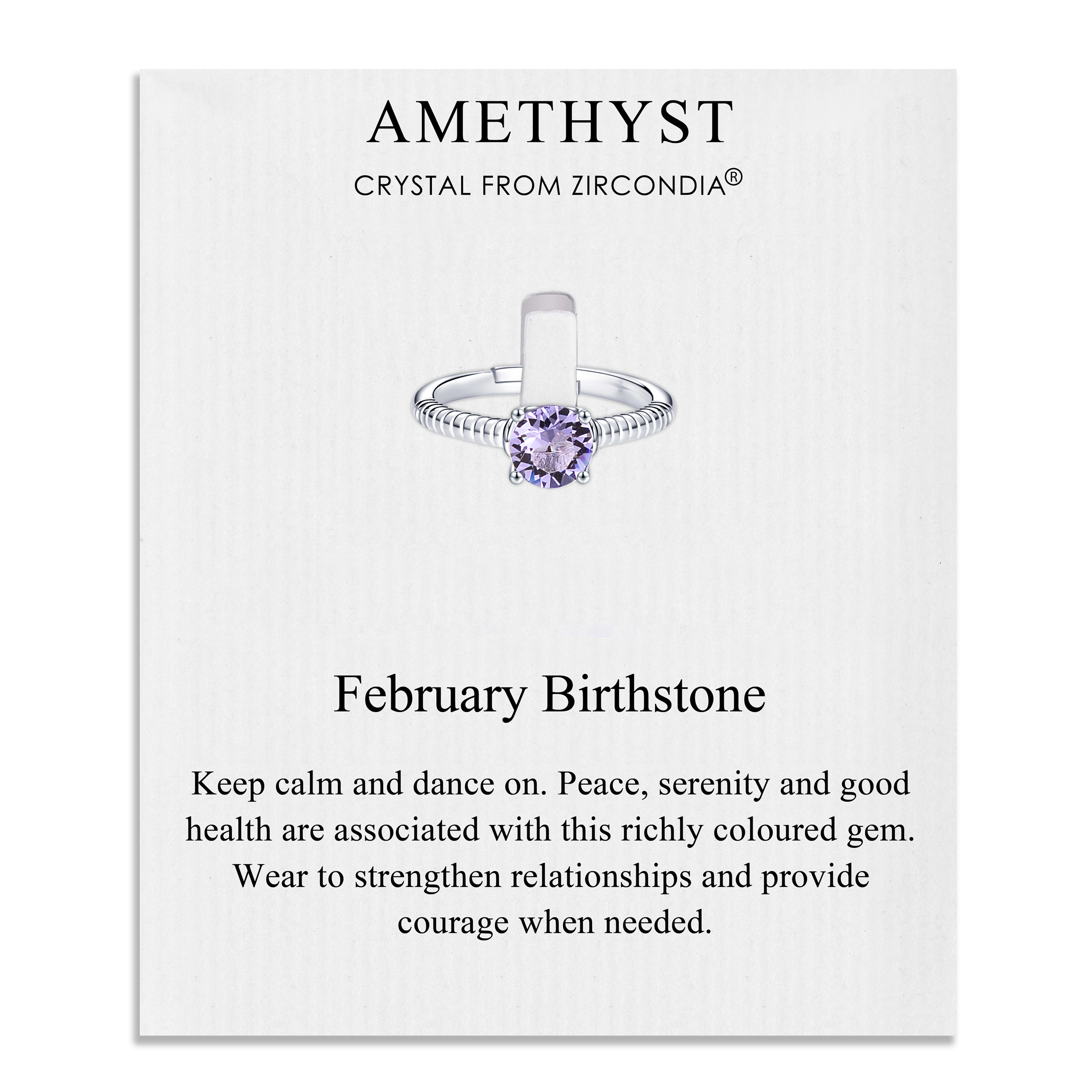 February (Amethyst) Adjustable Birthstone Ring Created with Zircondia® Crystals by Philip Jones Jewellery