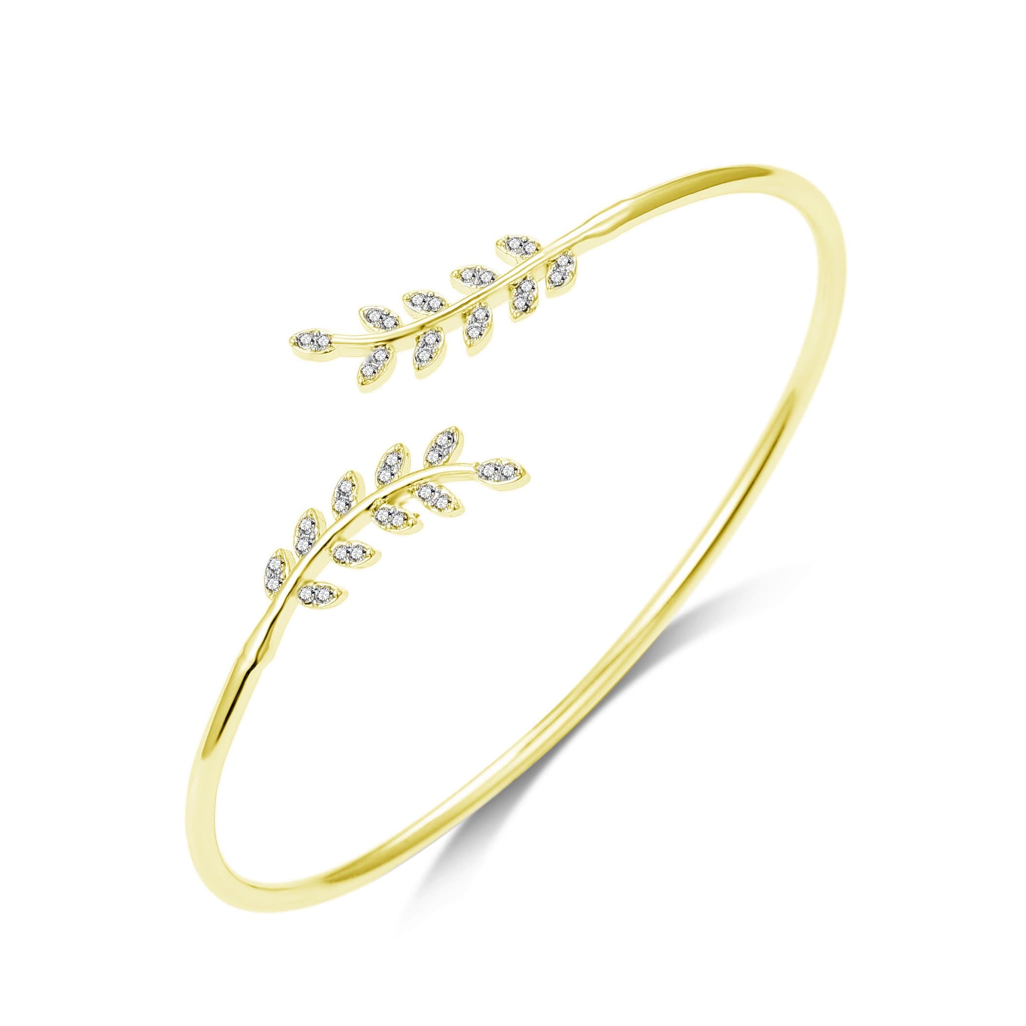 Gold Plated Leaf Bangle Created with Zircondia® Crystals by Philip Jones Jewellery
