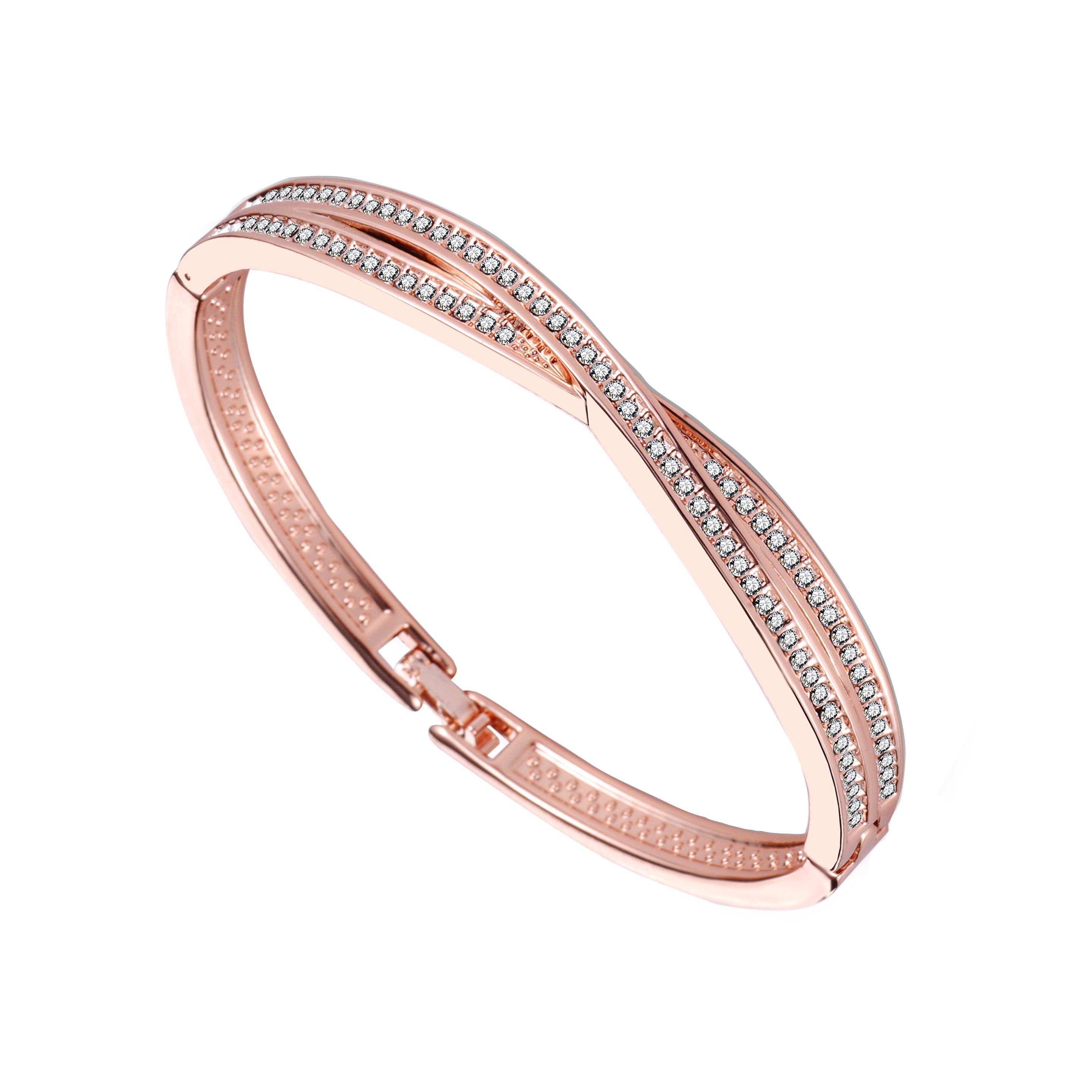 Rose Gold Plated Crossover Bangle Created with Zircondia® Crystals by Philip Jones Jewellery
