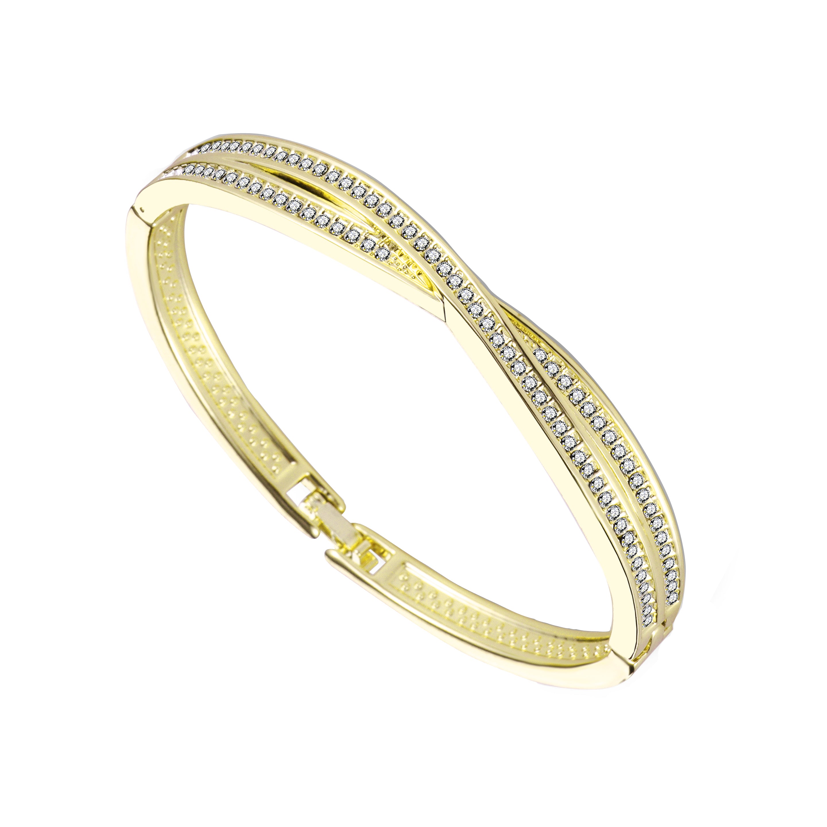 Gold Plated Crossover Bangle Created with Zircondia® Crystals by Philip Jones Jewellery