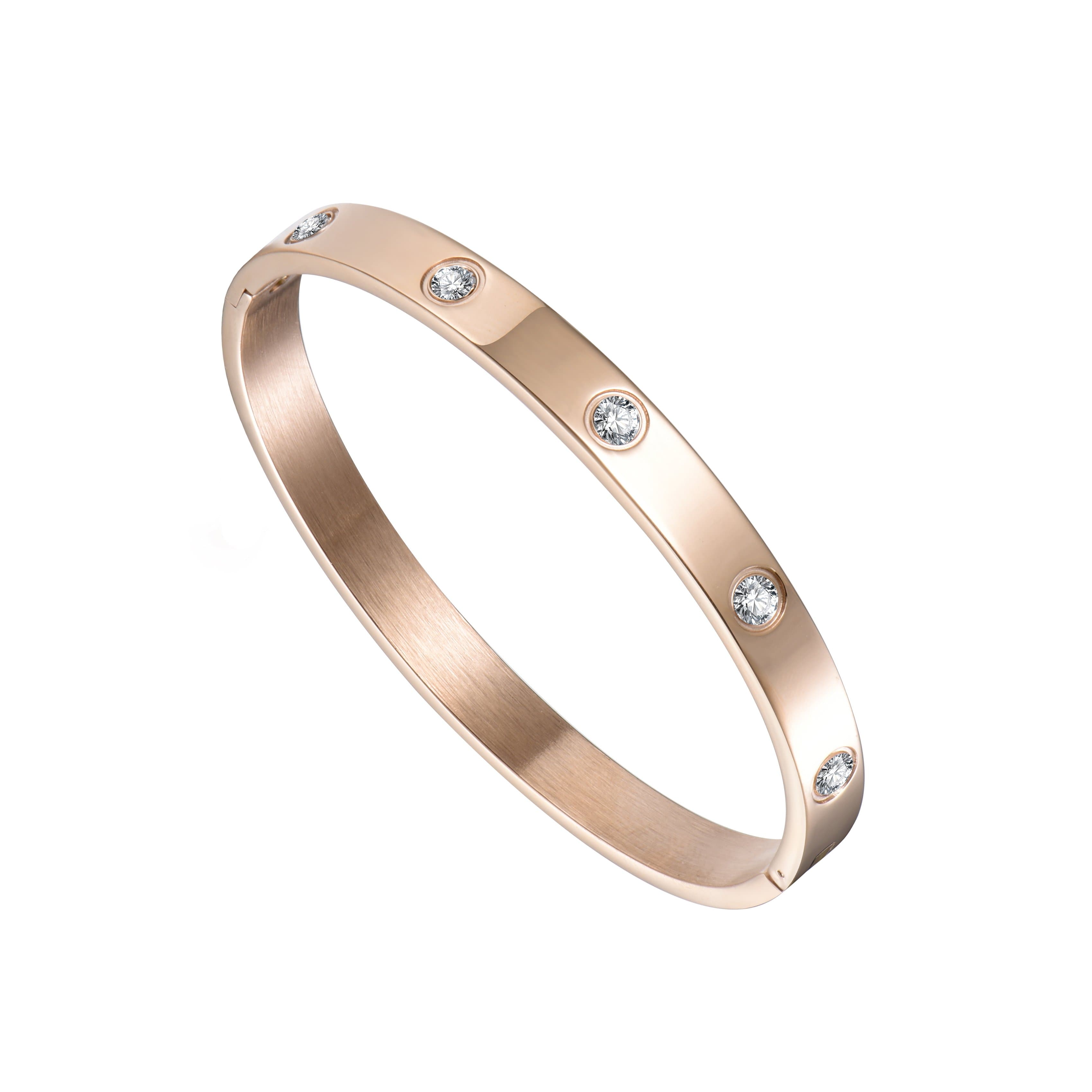 Rose Gold Plated Stud Bangle Created with Zircondia® Crystals by Philip Jones Jewellery