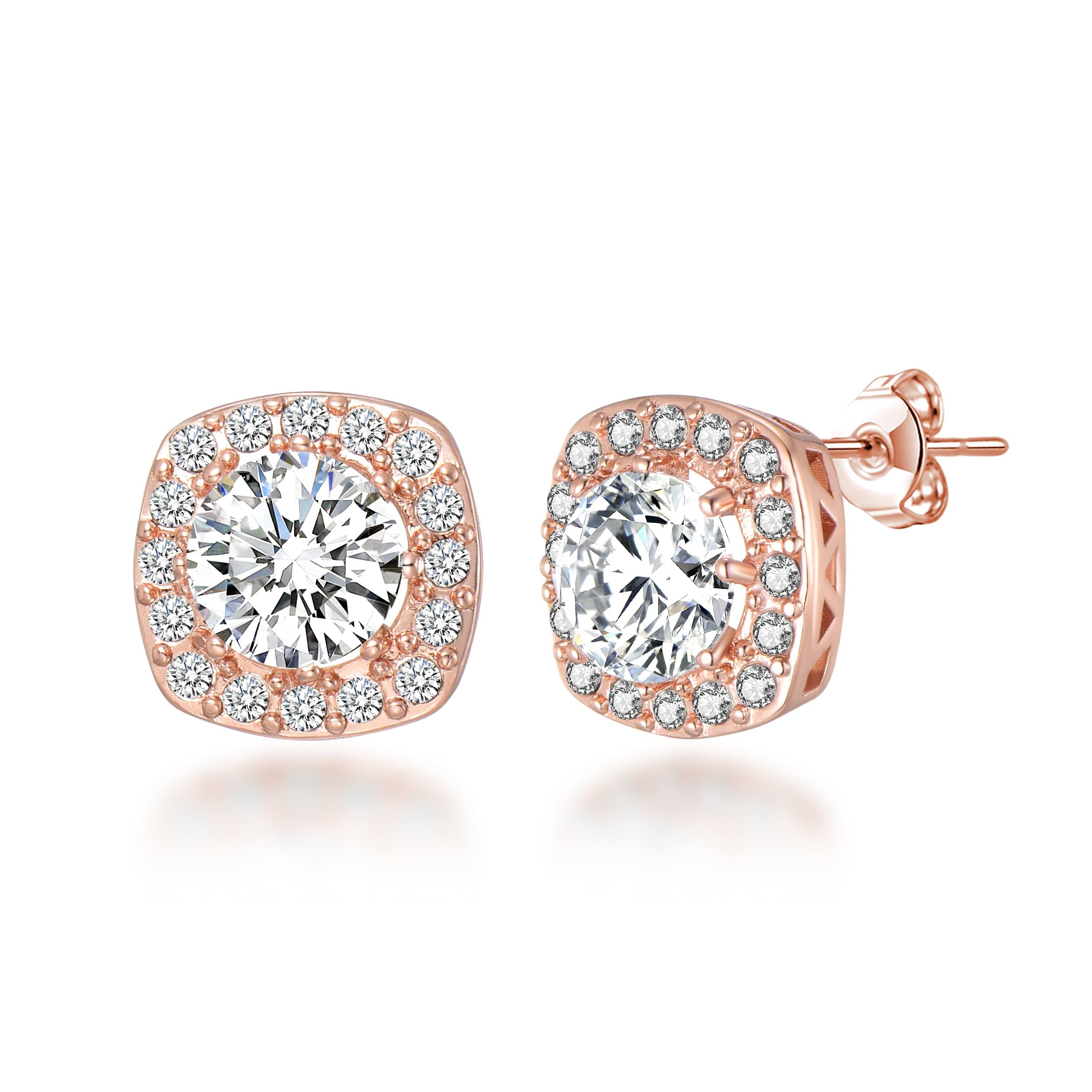 Rose Gold Plated Square Halo Earrings Created with Zircondia® Crystals by Philip Jones Jewellery