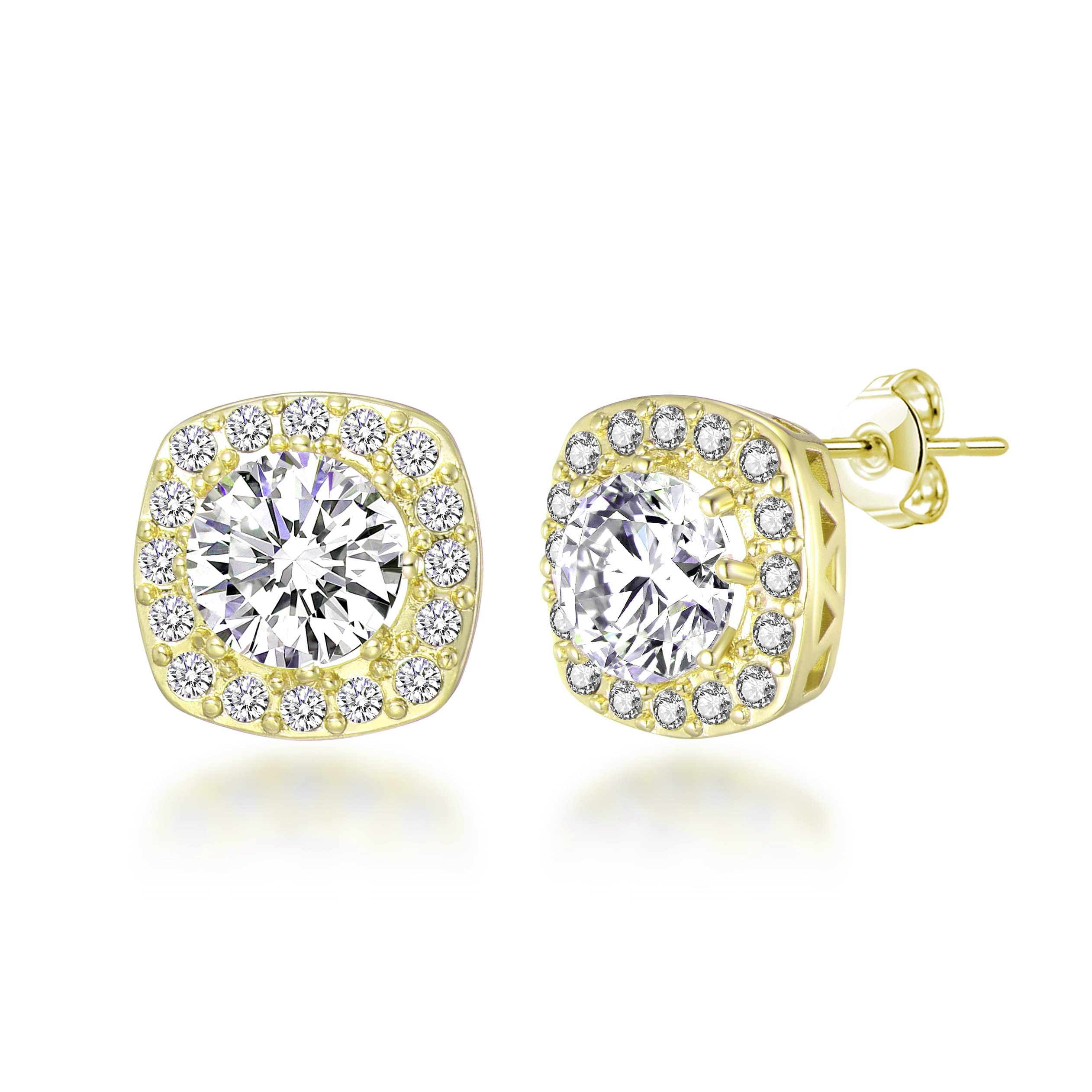 Gold Plated Square Halo Earrings Created with Zircondia® Crystals by Philip Jones Jewellery