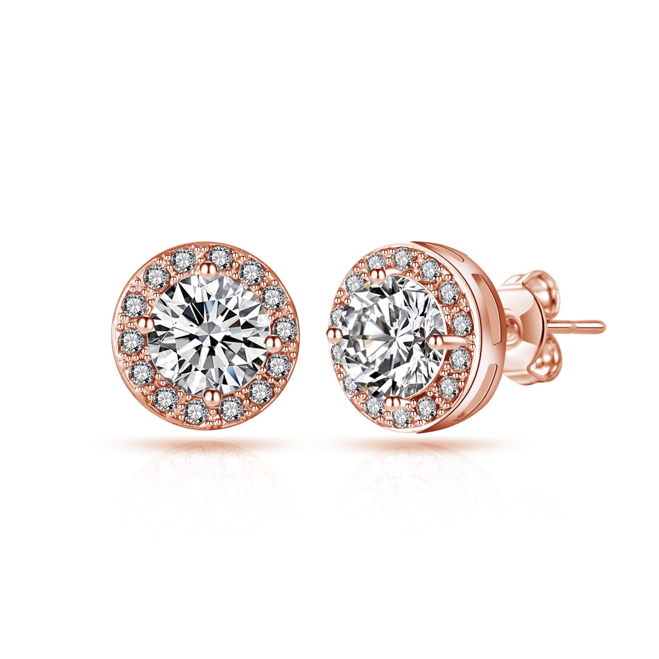 Rose Gold Plated Halo Earrings Created with Zircondia® Crystals by Philip Jones Jewellery